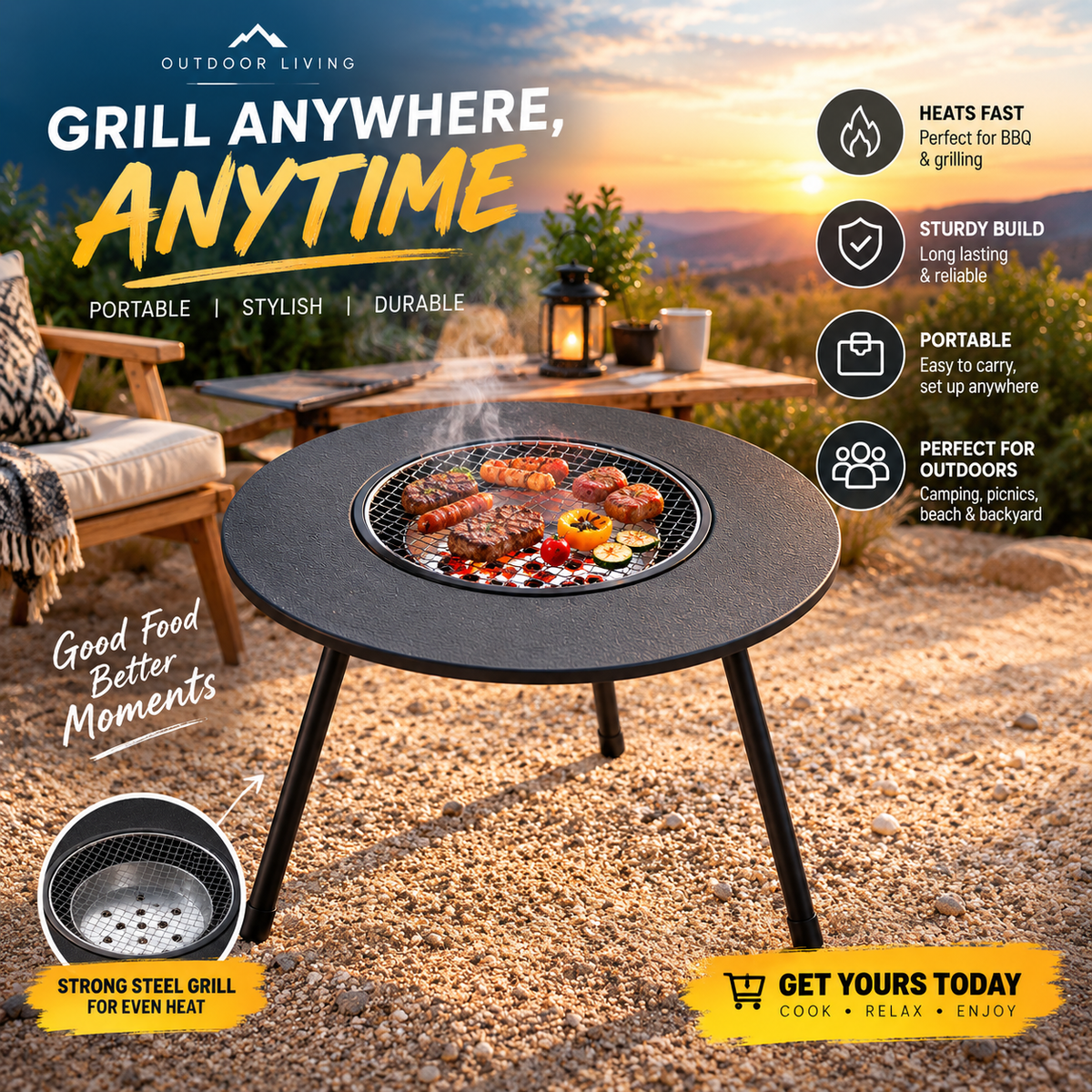 Portable Foldable BBQ Grill Table — Outdoor Charcoal Grill for Camping, Desert & Garden
