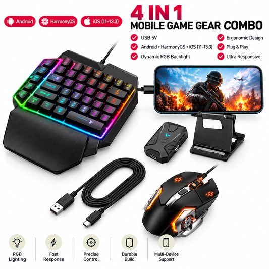 4 in 1 X2 Mobile Phone One Hand Video Game Keyboard Keypad Gaming LED + Color DPI Mouse