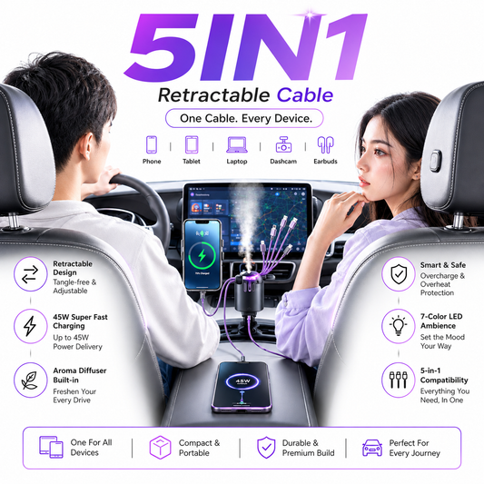 5-in-1 Car Charger with Fast Charging, LED Ambient Light, Air Freshener & Starlight Projector – 45W