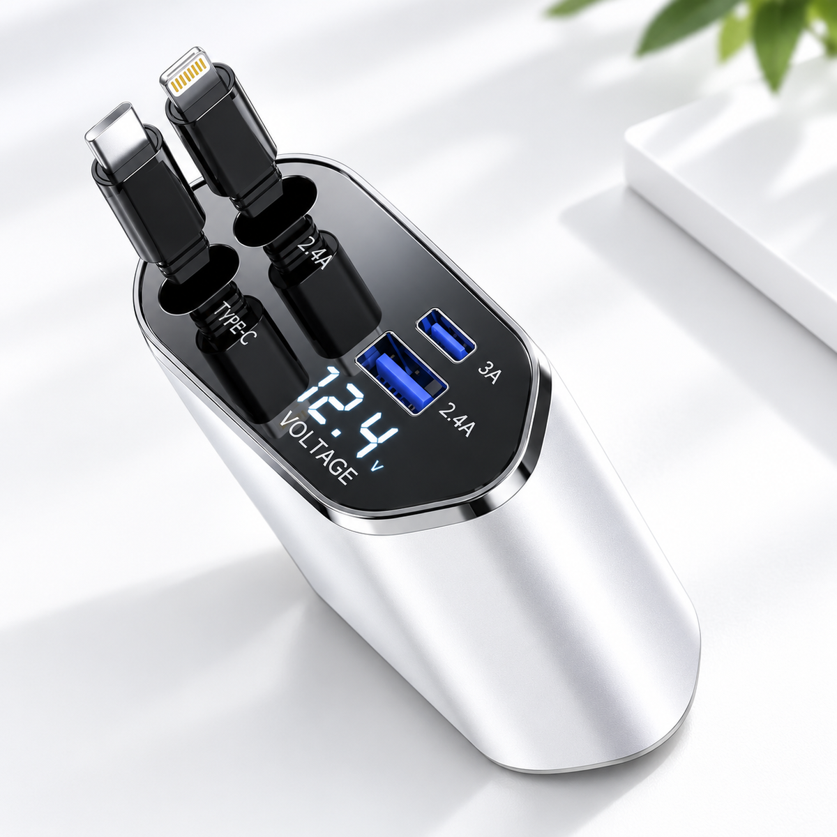 4-in-1 Fast Car Charger with Digital Voltage Display | Multi-Device Charging | 120W Fast charger