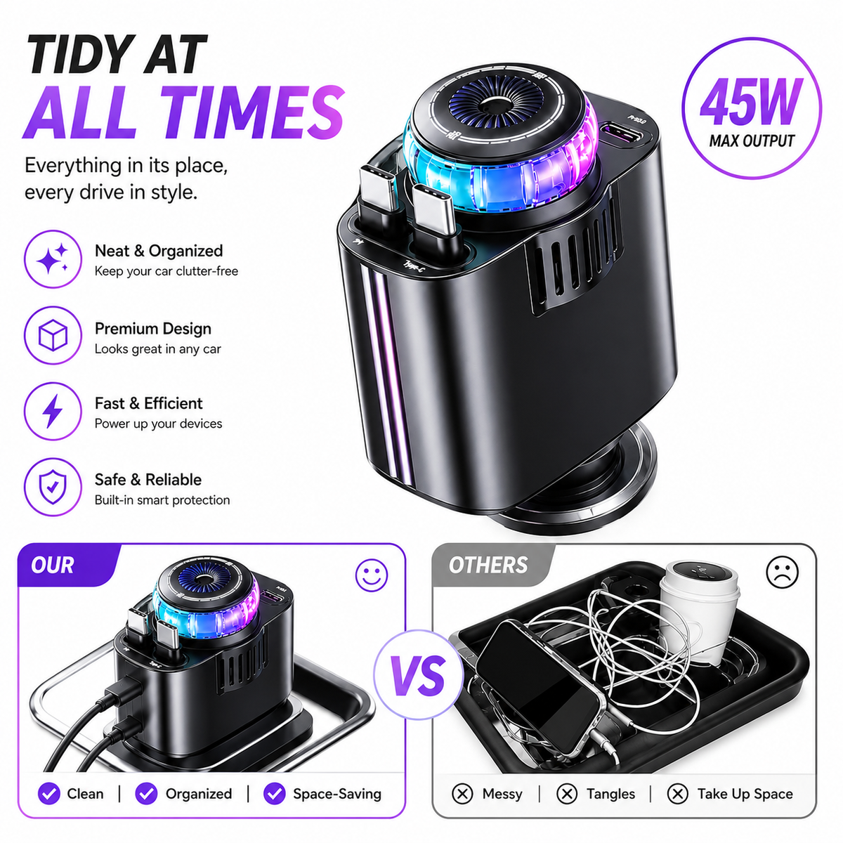 5-in-1 Car Charger with Fast Charging, LED Ambient Light, Air Freshener & Starlight Projector – 45W