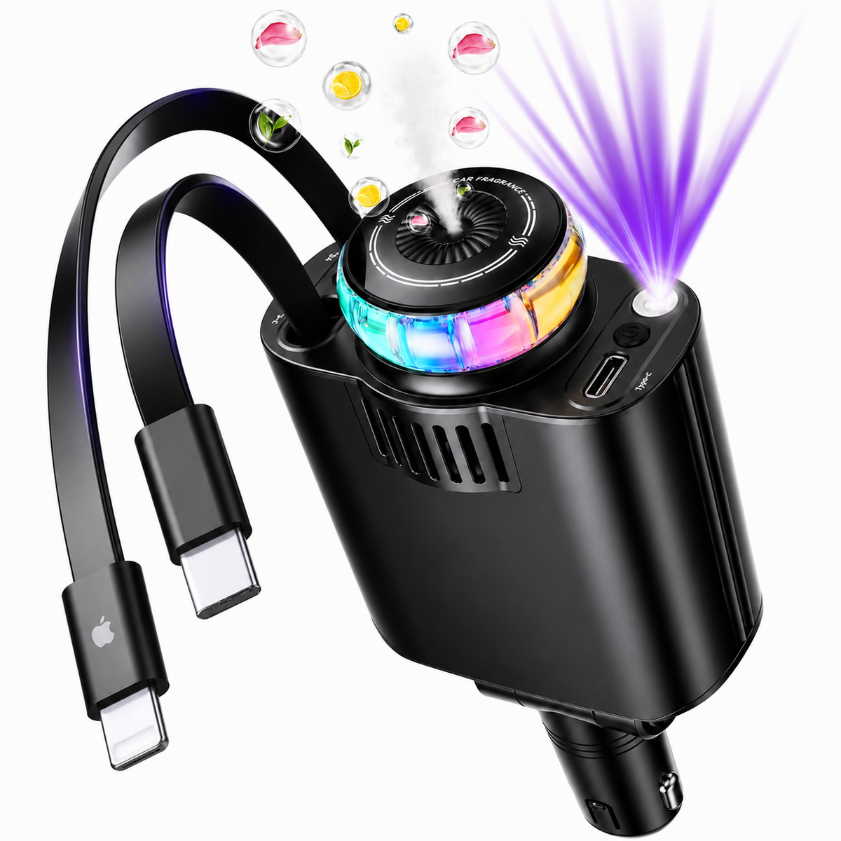 5-in-1 Car Charger with Fast Charging, LED Ambient Light, Air Freshener & Starlight Projector – 45W