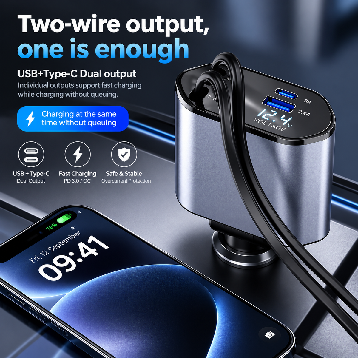 4-in-1 Fast Car Charger with Digital Voltage Display | Multi-Device Charging | 120W Fast charger