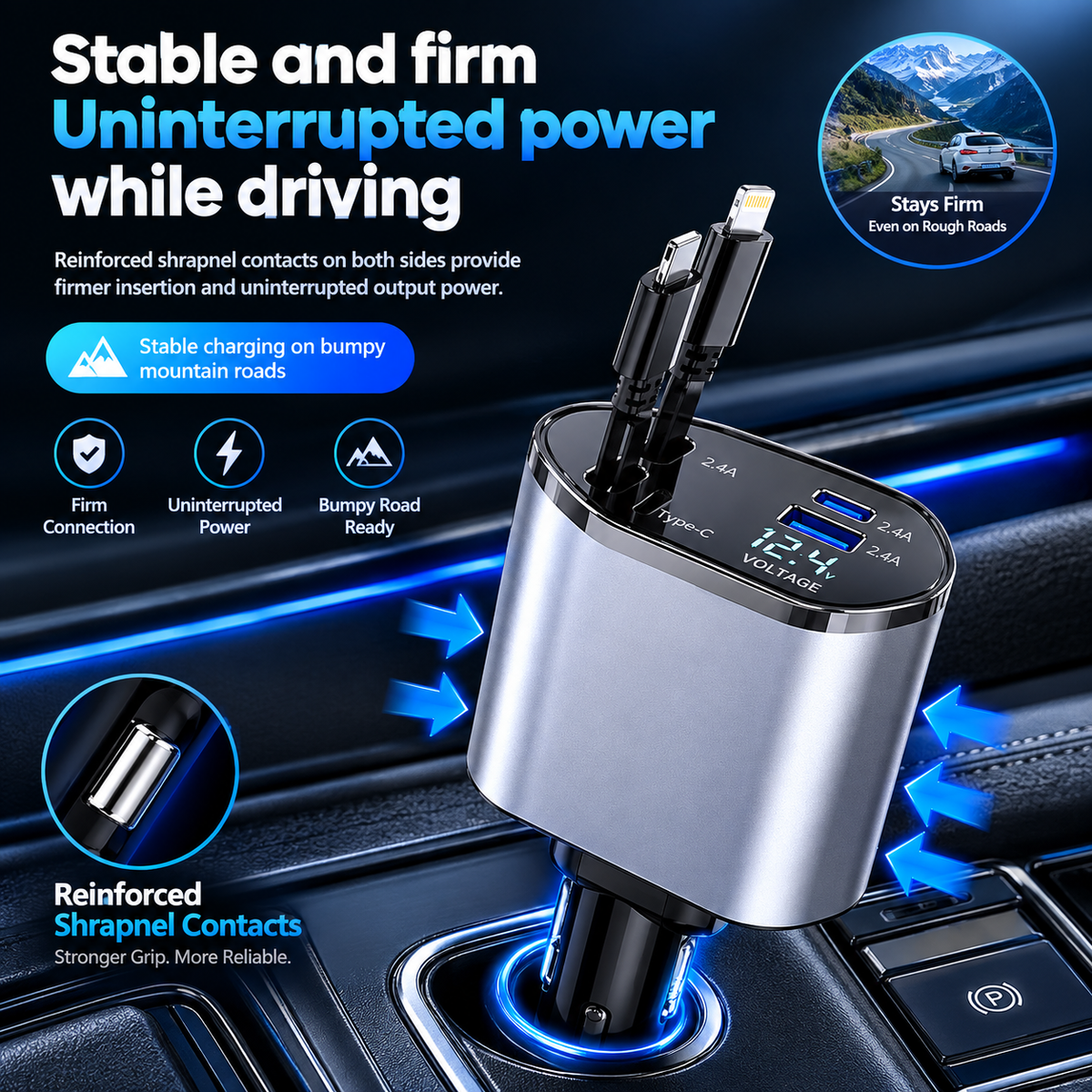 4-in-1 Fast Car Charger with Digital Voltage Display | Multi-Device Charging | 120W Fast charger