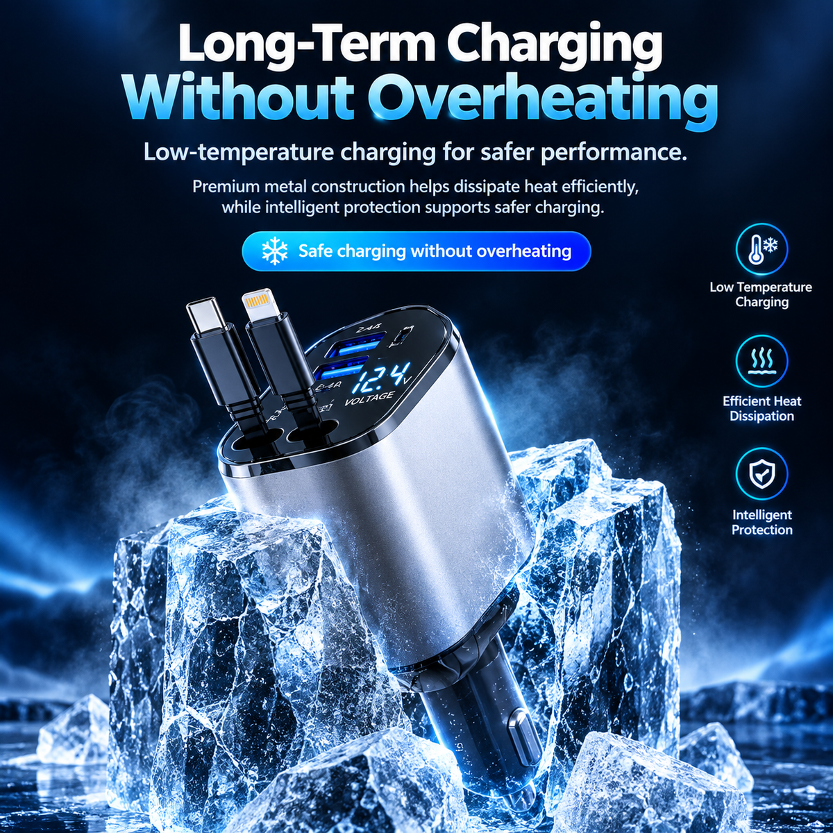 4-in-1 Fast Car Charger with Digital Voltage Display | Multi-Device Charging | 120W Fast charger