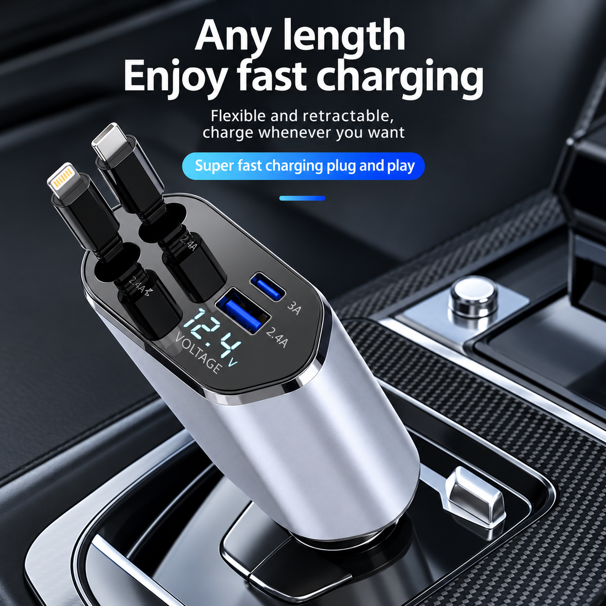 4-in-1 Fast Car Charger with Digital Voltage Display | Multi-Device Charging | 120W Fast charger